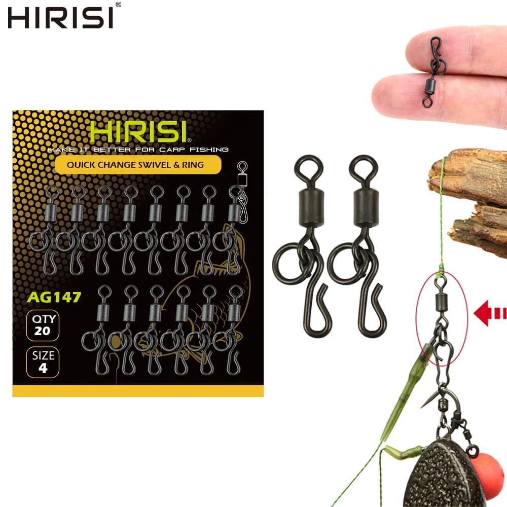 Hirisi AG147 20 pezzi girelle per pesca alla carpa nero opaco girelle a scatto a cambio rapido con anelli solidi attrezzatura terminale per impianti di perforazione alla carpa
