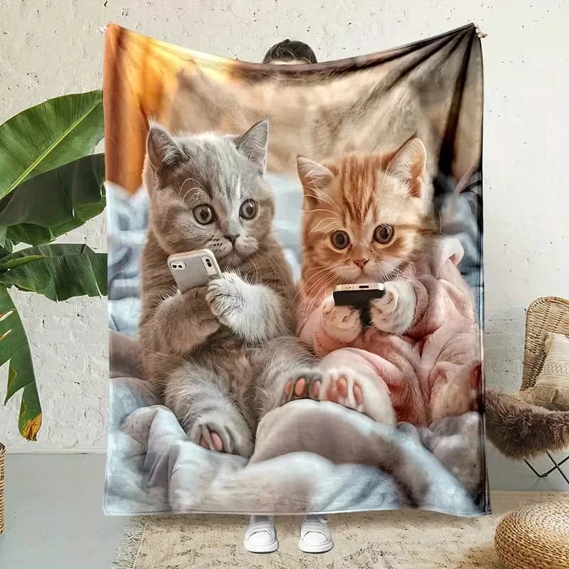 Contemporary Cartoon Cat Print Digital Flannel Throw Blanket Non-Woven, Reversible, All-Season, Soft, High-Density Blanket