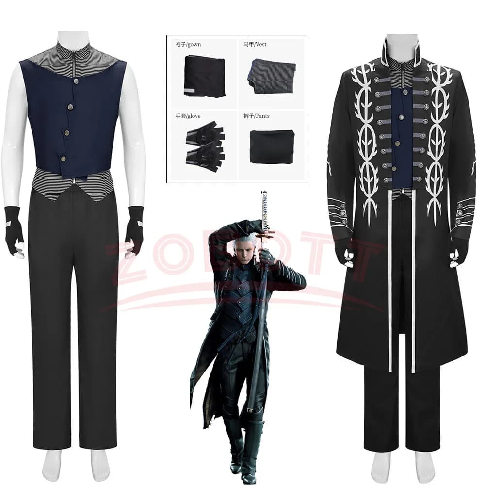Gioco DMC5 Cosplay Vergil Costume Nelo Completo Completo con Stivali Carnevale di Halloween Abito da uomo Giacca Gilet Costume