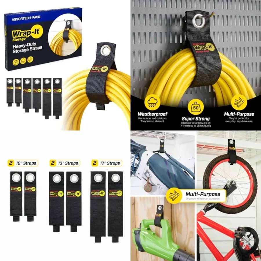 Cinghie Resistenti Assortite (Confezione da 6) - Cinghie per Gestione Cavi e Prolunghe per Garage, Accessori RV e Organizzazione Capannoni