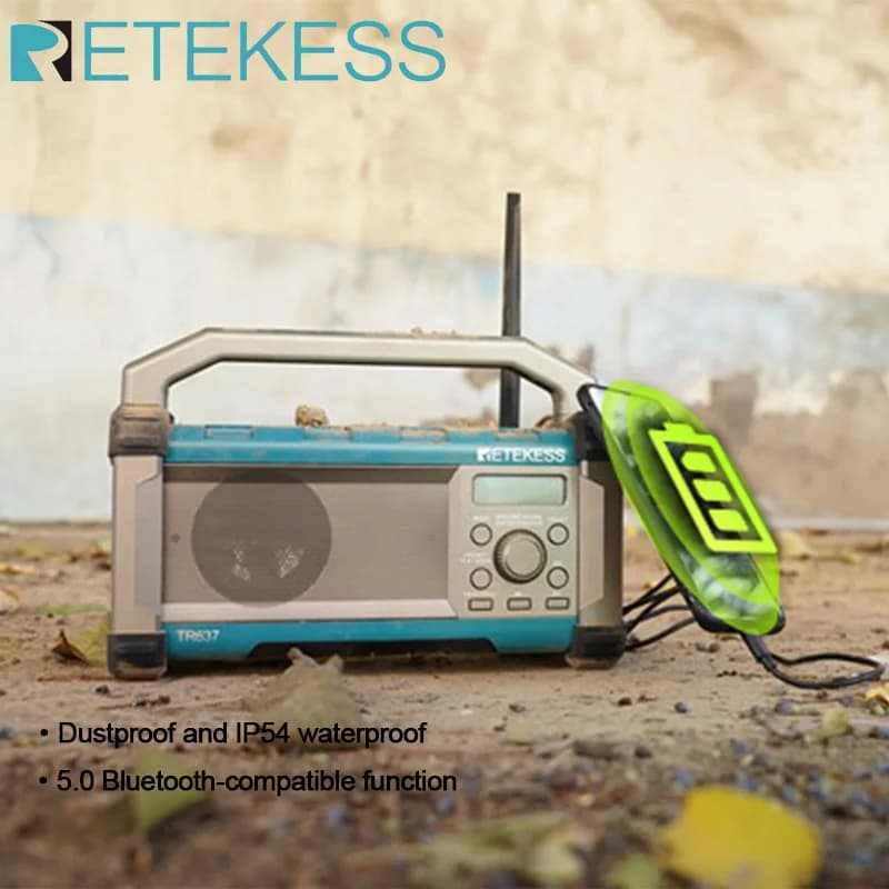 Retekess TR637 Radio da cantiere Radio portatili AM FM Compatibile con Bluetooth Batteria ricaricabile Ricarica del telefono Costruzione sul cantiere