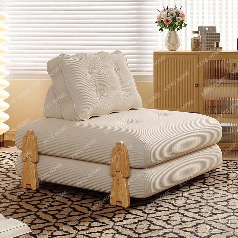 Divano letto componibile pieghevole FF in legno massello, singolo/bi-luogo, per piccoli appartamenti, stile crema, per soggiorno, comodo e versatile