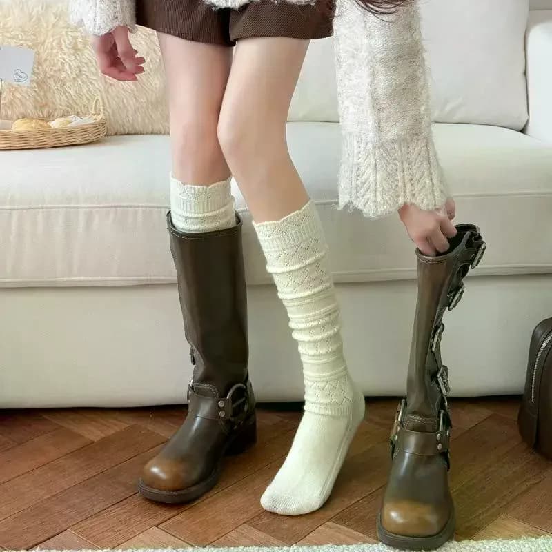 Calze al Ginocchio in Puro Cotone alla Moda, Tinta Unita, Calde e Lunghe, Calze per Stivali Autunno Inverno