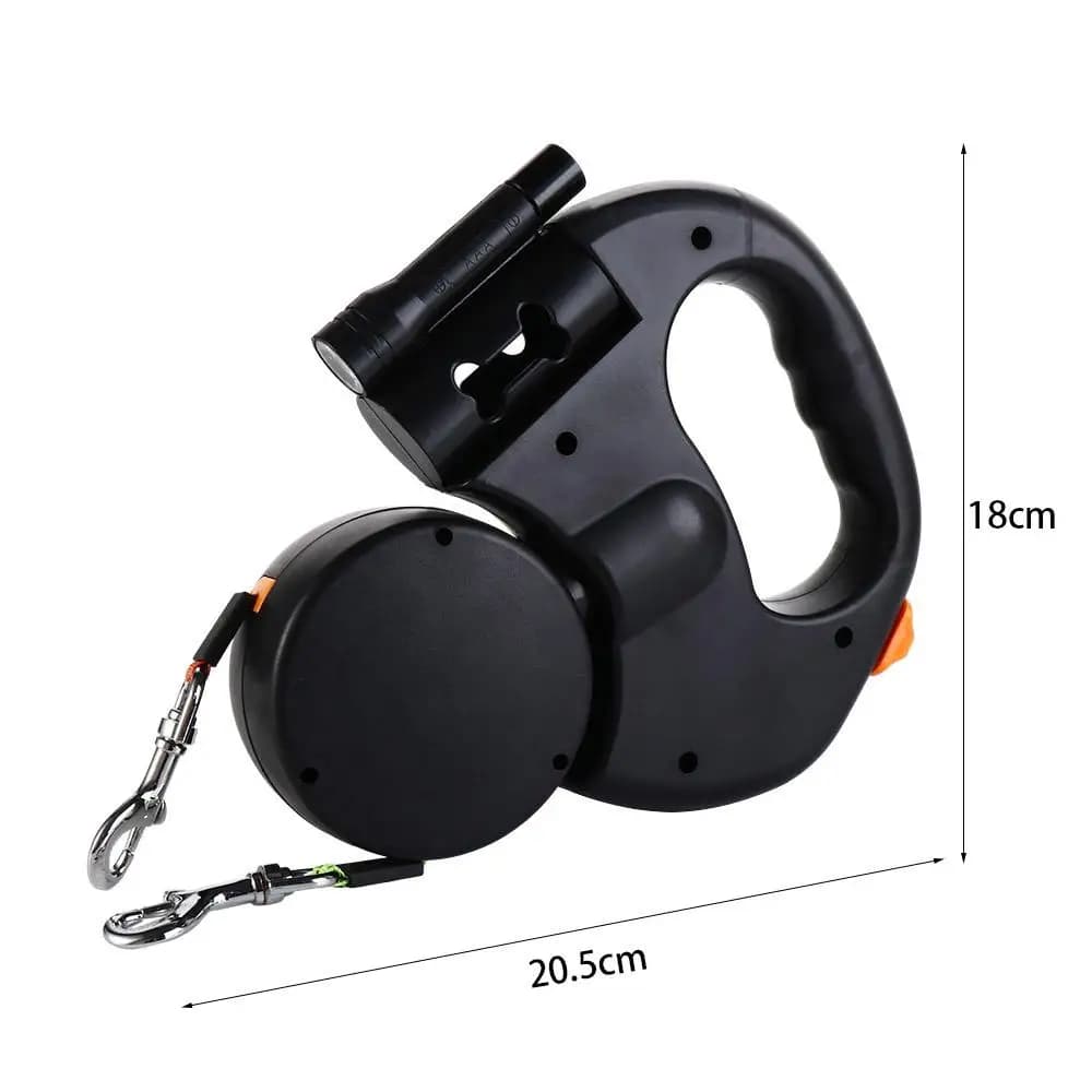 Guinzaglio Doppio per Cani con Luci, Riflettente, in Plastica, Retrattile, con Corda Girevole a 360° Regolabile
