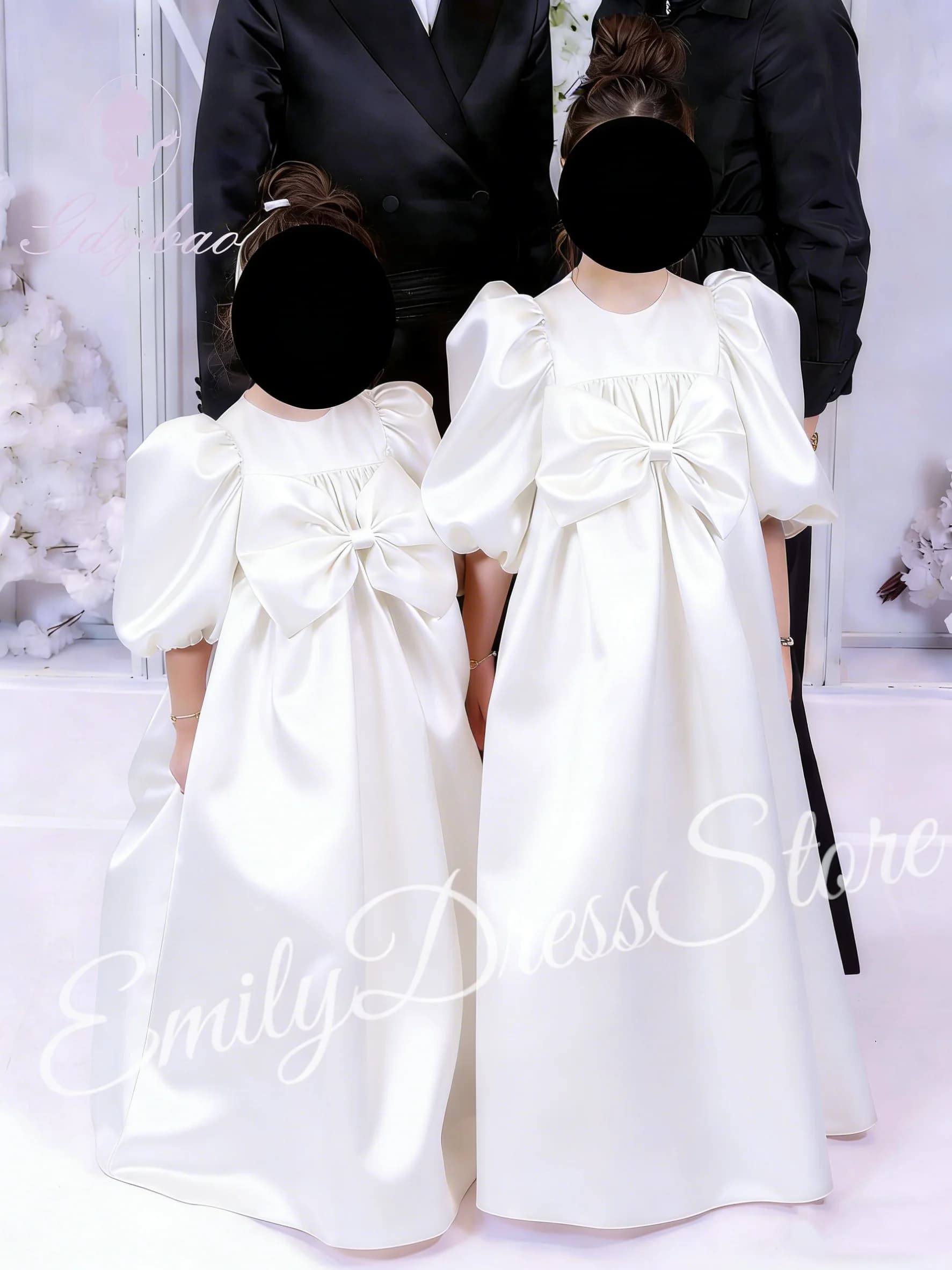 Abito da ragazza di fiore bianco a vita alta per matrimonio in raso con fiocco damigella d'onore festa di compleanno per bambini abito da ballo per prima comunione personalizzato