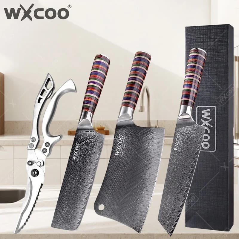 Coltello Giapponese Kiritsuke WXCOO in Acciaio Damasco VG10, Coltelli Professionali da Cucina, Mannaia per Carne e Verdure, Forbici