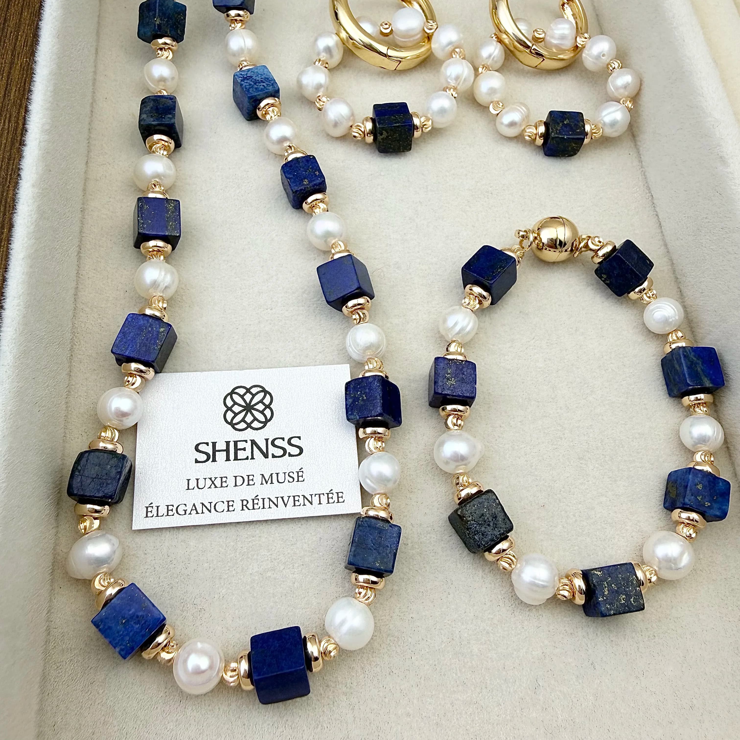 Natural Lapislazuli Jewelry Set and Freshwater Pearls, Luxurious Necklace, Bracelet and Earrings in Blue and White Contrast, Elegant and Versatile