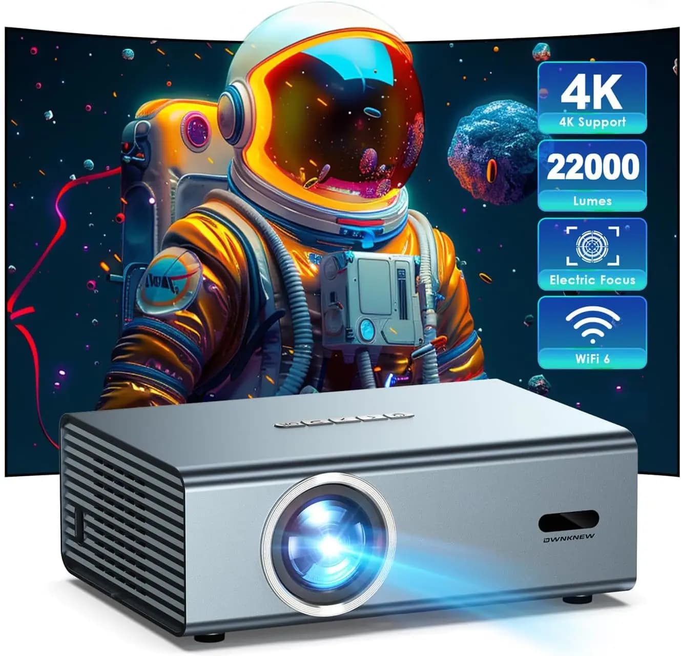 Proiettore 4K con WiFi 6 e Bluetooth 5.3, Risoluzione Nativa 1080P, Correzione Automatica Keystone, Messa a Fuoco Elettrica, Schermo da 450 Pollici per Cinema all'Aperto