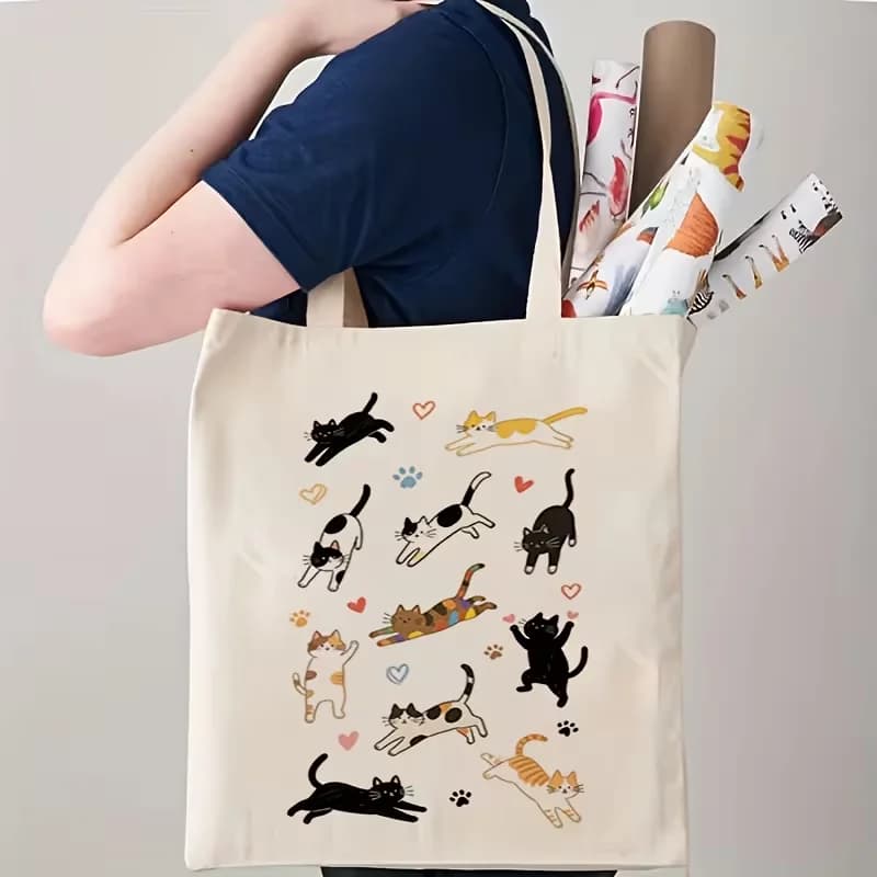 Borsa tote da donna con stampa gatto carino - Borsa beige chiaro con stampa gatto e zampa neri, borsa multifunzionale per la spesa e da viaggio, regalo