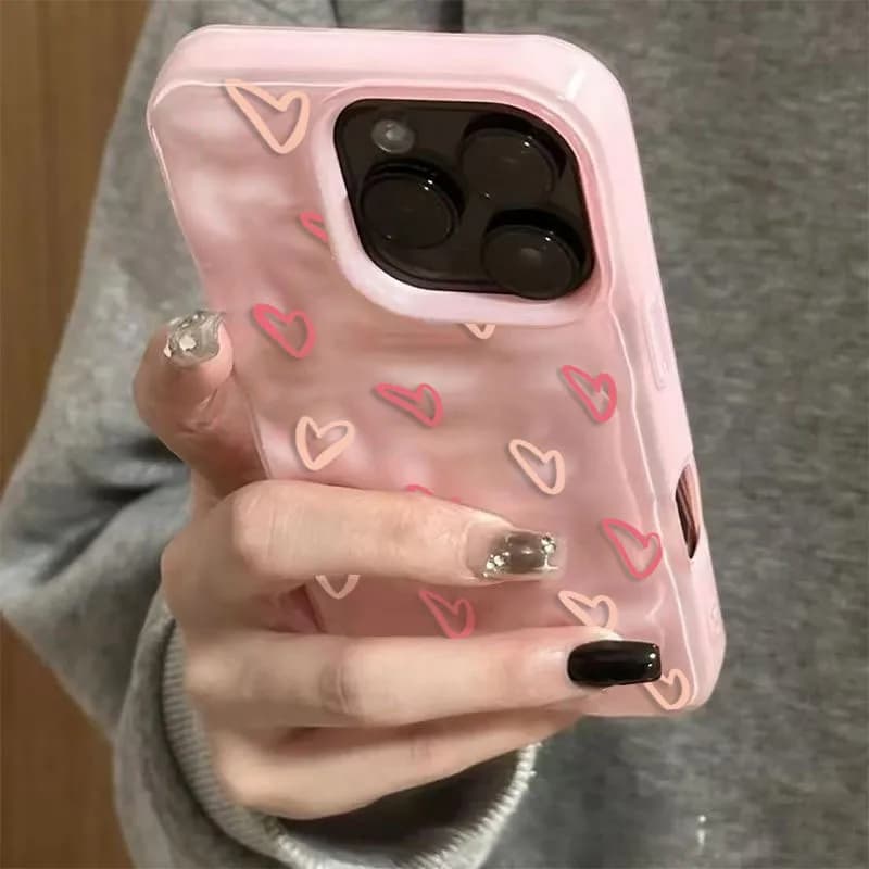 Cute Pink Love Heart Wrinkled Texture Phone Case for iPhone 17 16 15 11 12 13 14 Pro Max 16 17 15 Pro 15 14Plus Shockproof Cover