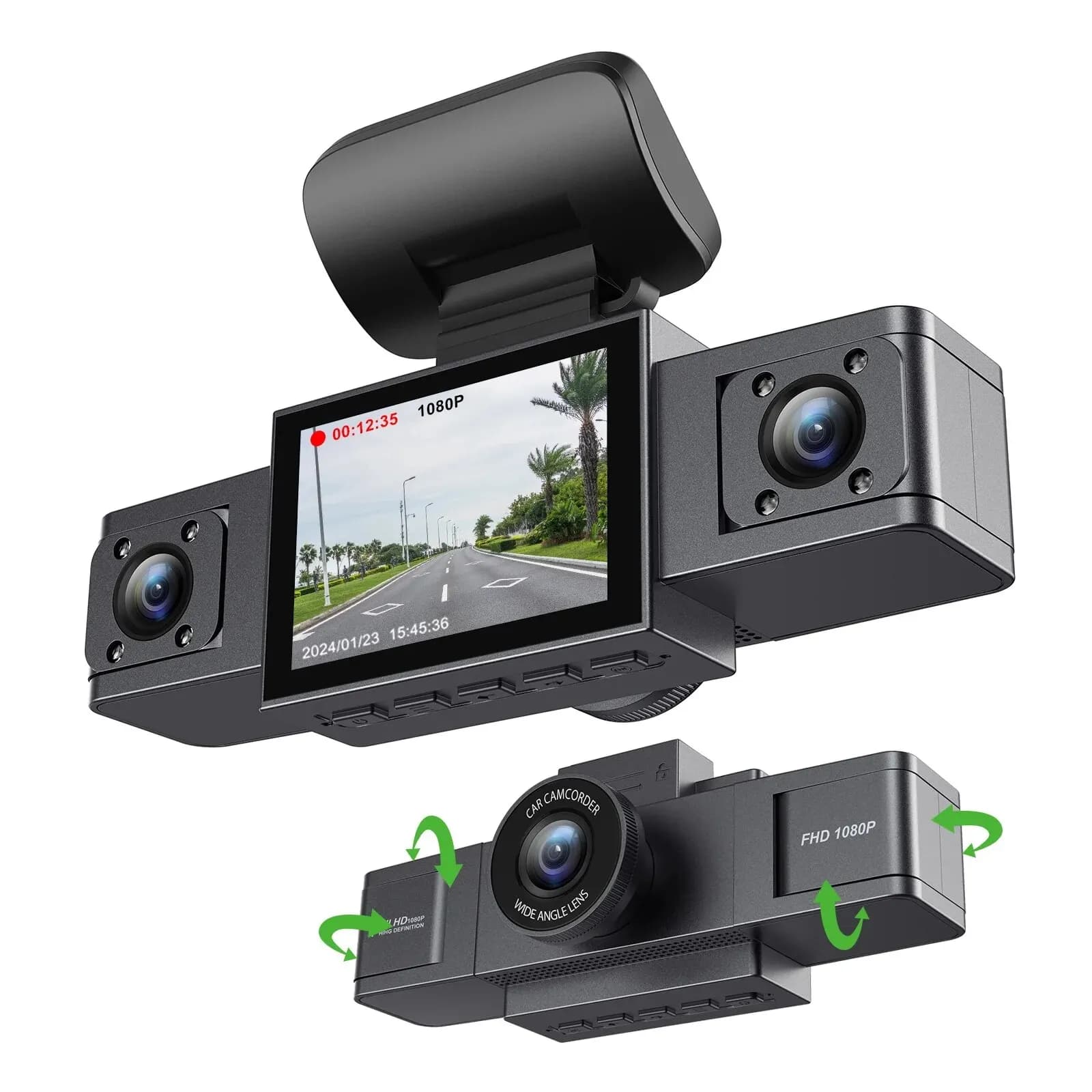Dash Cam 3-channel video recorder Three-purpose car camera with DVR 24 hours on retrovision Parking monitor Black box