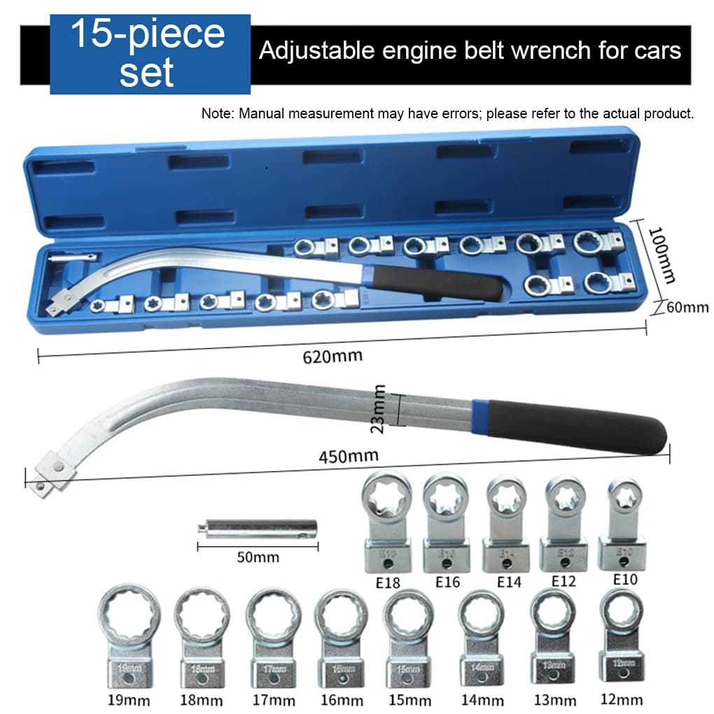 Kit Universale per la Rimozione di Tenditori e Pulegge Folli, con Adattatori a 12 Punti 12-19mm E10-E18 e Set di Chiavi per la Regolazione della Cinghia Motore