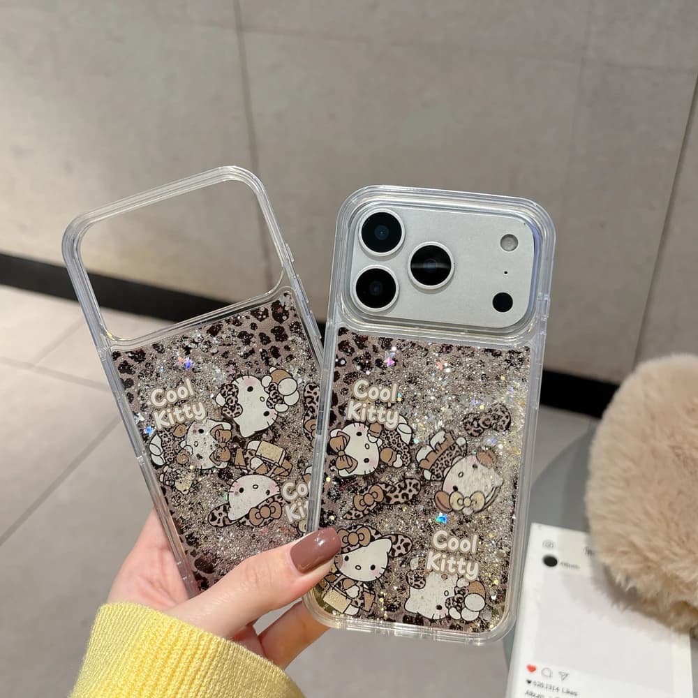 Custodia per telefono con stampa leopardata e liquido effetto sabbia mobile, design simpatico cartone animato Sanrio Hello Kitty, per iPhone 17 16 15 14 13 Pro Max, cover rigida trasparente