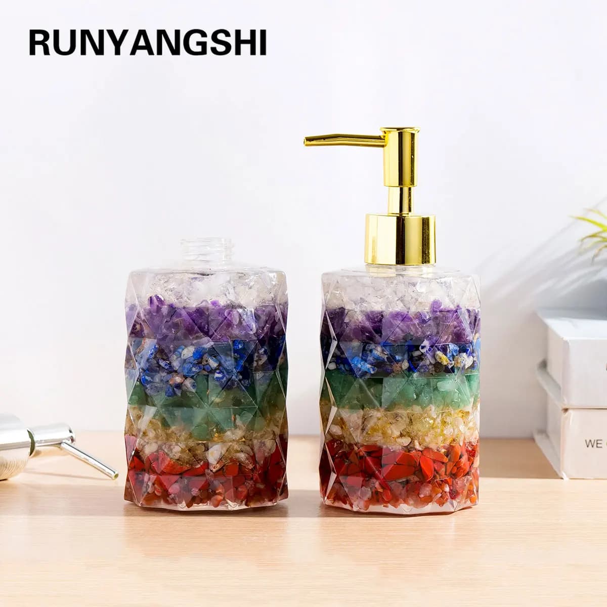 Dispenser di Sapone Manuale in Cristallo Naturale, Bottiglia in Resina con Pietre Naturali, Fluorite e Quarzo Rosa per Igienizzante Mani