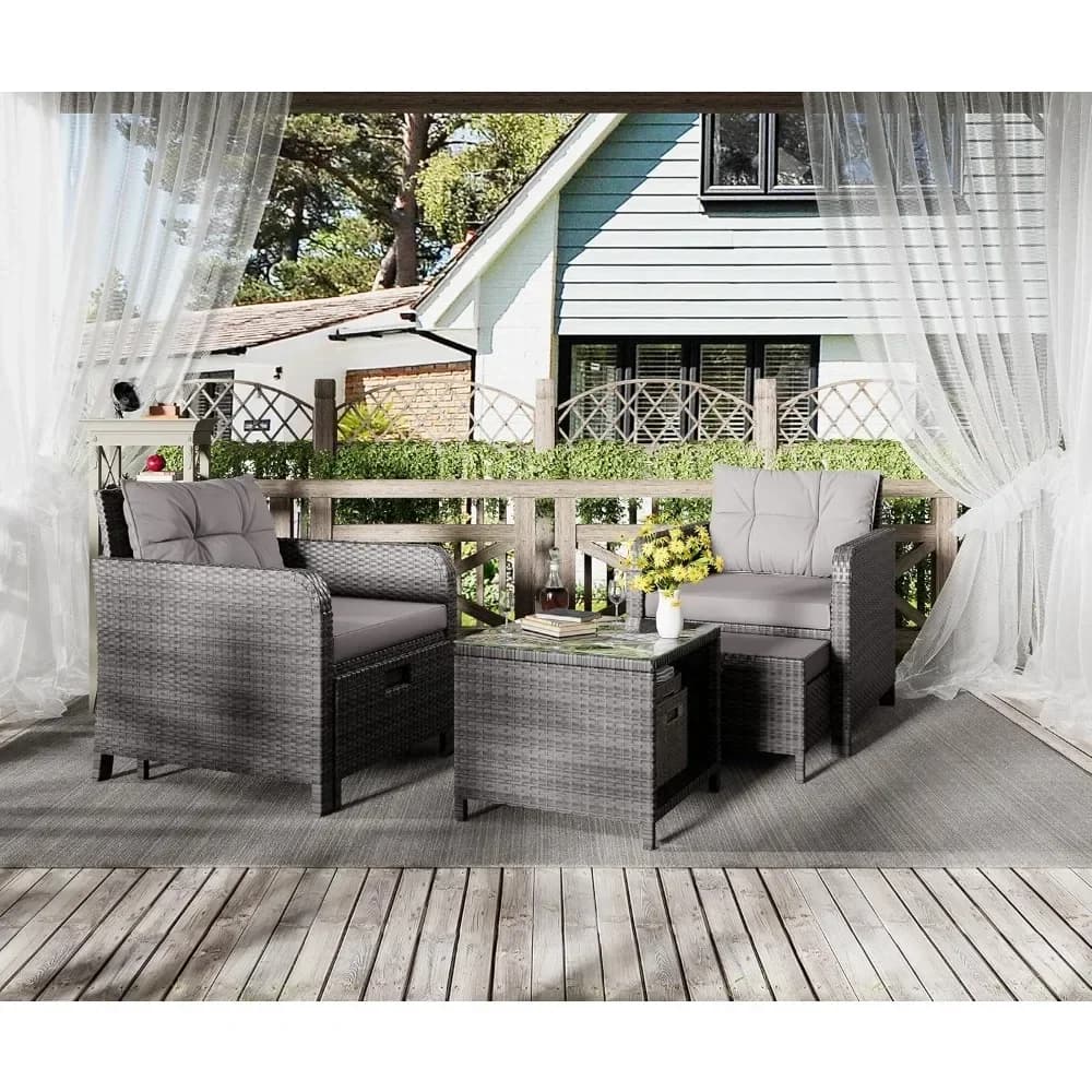 ♪ For conversation set in the 5-piece patio, wicker and rattan armchairs with soft 2 Ottoman pillows and glass table, garden furniture set and