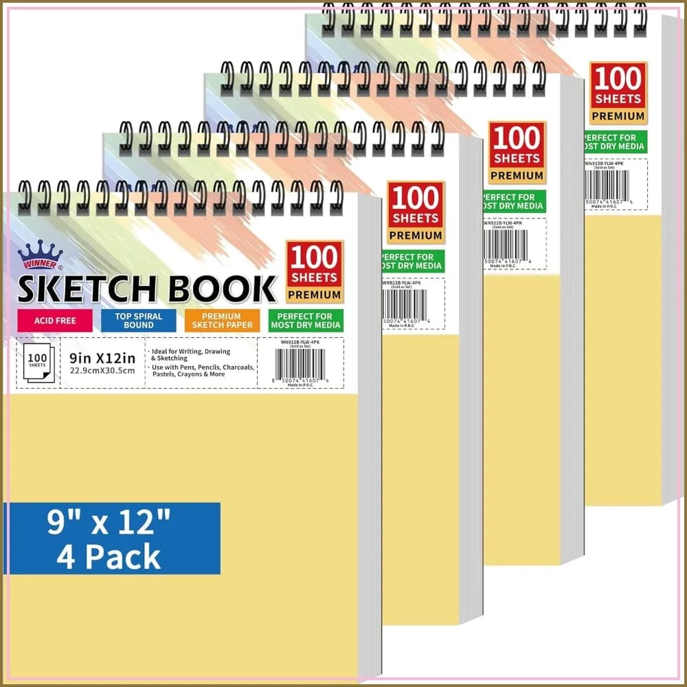 9"x12" Sketch Book 4 Pack, 400 Sheets Spiral Bound Art Sketchpad, 68lb/100gsm White Acid Free Drawing Paper, Back to School Supplies