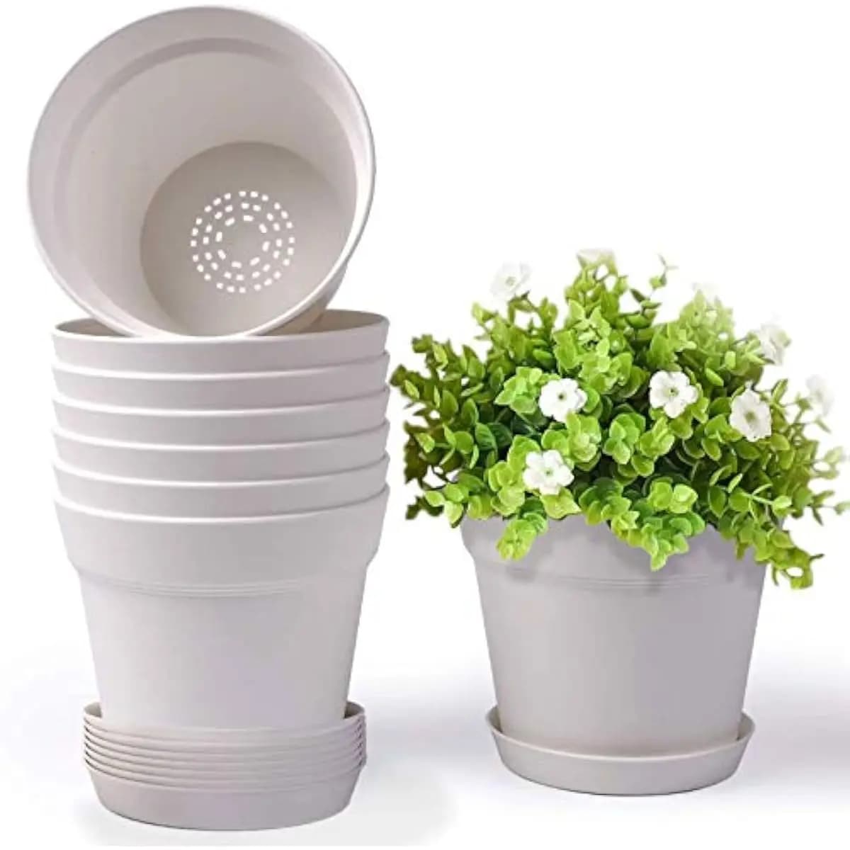 7.5 Inch Cream White Plastic Plant Pots with Multi-Hole Drainage System and Matching Trays Set of 8 Lightweight Durable Nursery