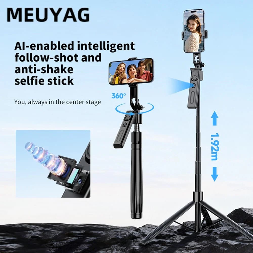 MEUYAG Supporto Pieghevole per Cellulare con Tracciamento AI, Asta Selfie e Treppiede 360° ° Rotazione Automatica per Smartphone per Riprese Vlog