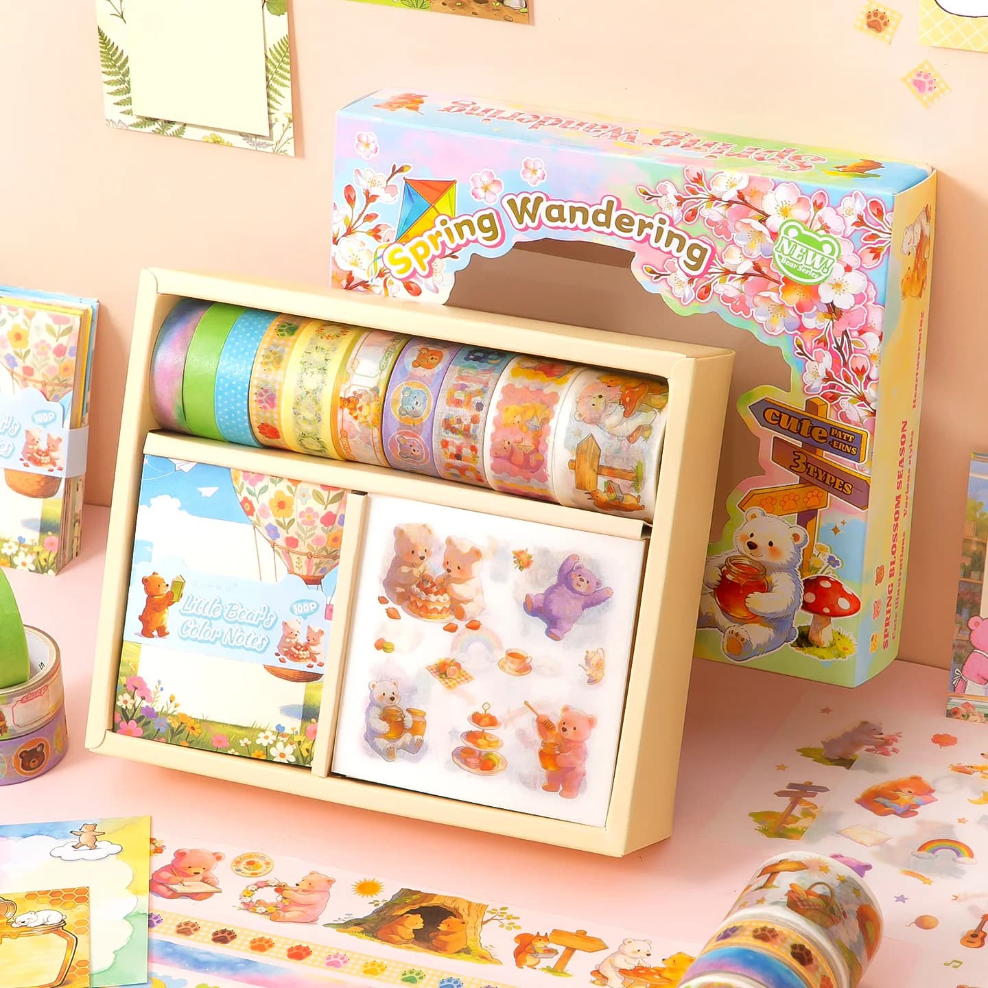 120pcs Scrapbook Gift Set with Meno Paper,Washi Stickers Wash Tape Roll For Scrapbooking Album Handmade Card Decoration