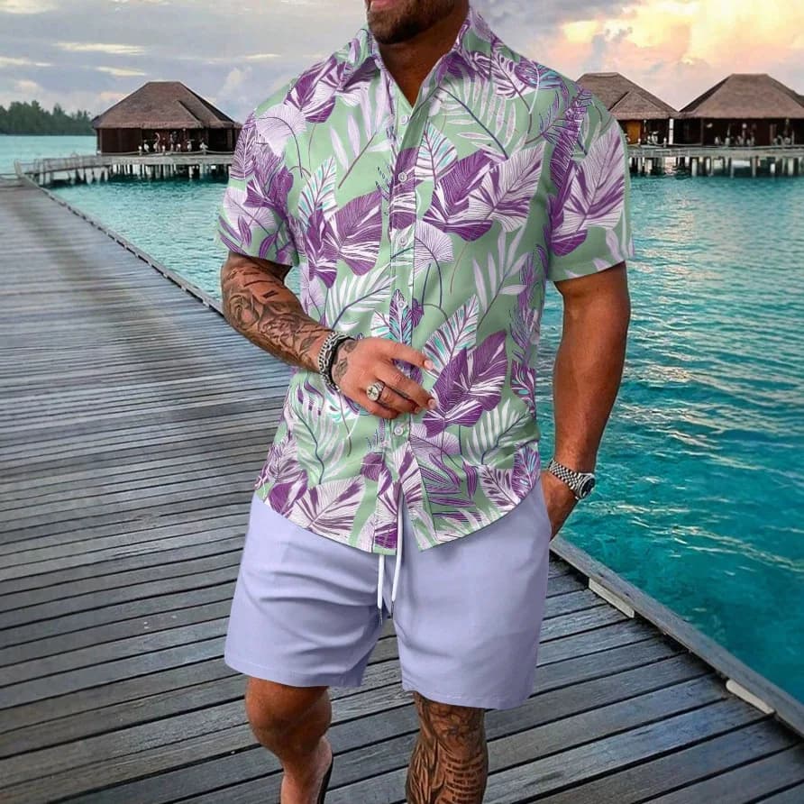 Fresh Summer Plant Printed Shirt Contrasting with Tropical Broad-leaved Youth Loose Quick Drying Short Sleeved Shirt