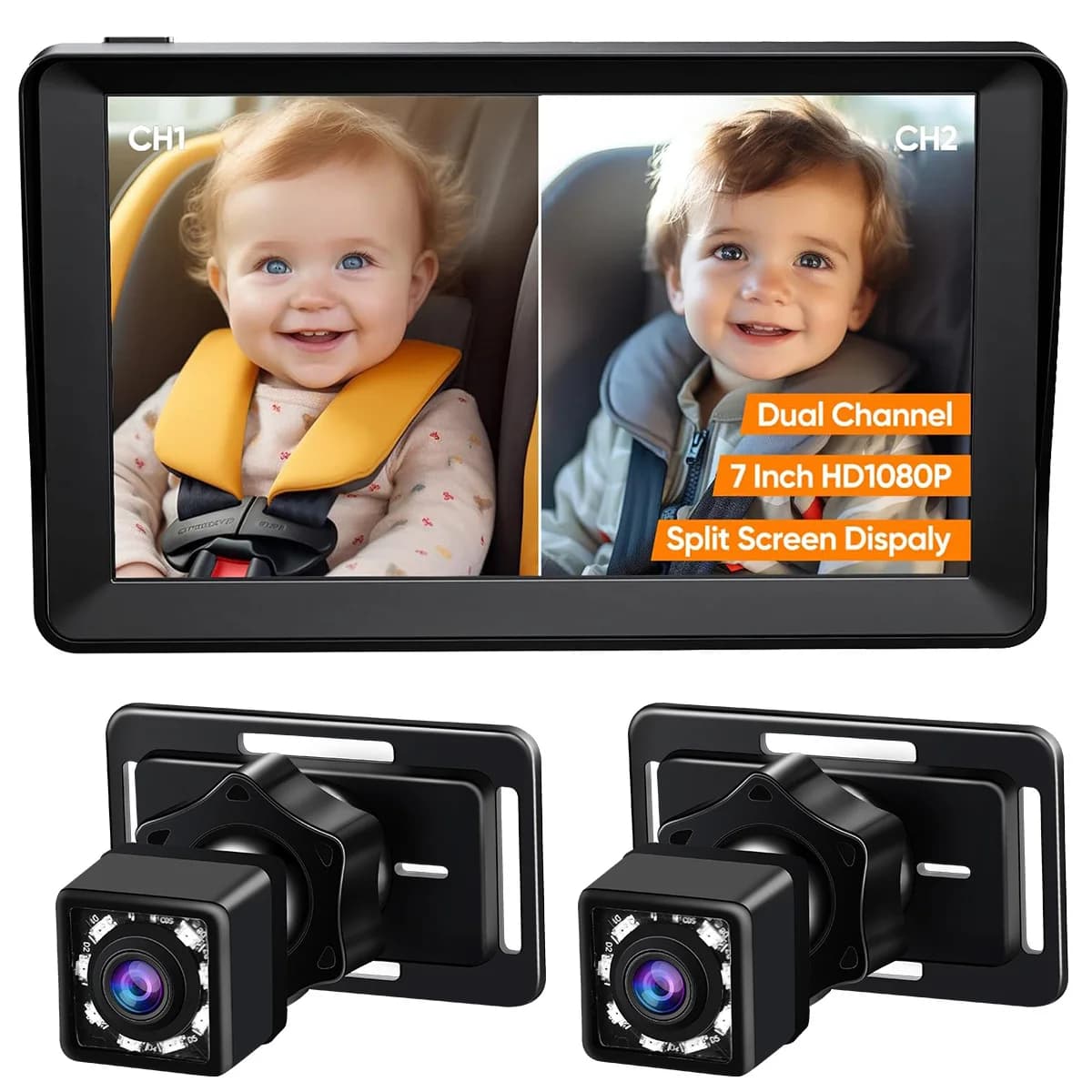 150 ° Telecamera per Auto per 2 Bambini, Schermo 7 Pollici 1080P AHD, Doppia Lente 360° ° Monitor Girevole per Sedile Posteriore con Visione Notturna Chiara, Plug and Play