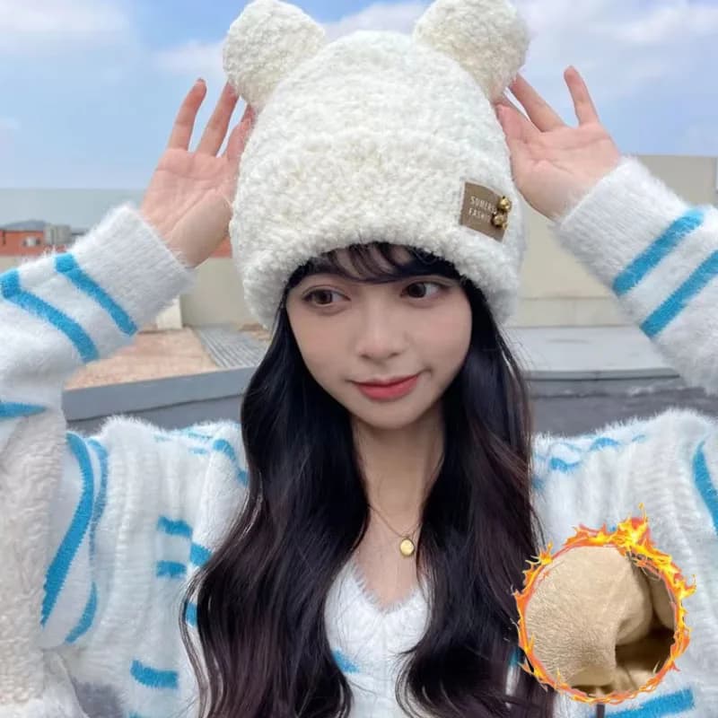 1-2PCS Women Cute Bear Ear Knit Beanie Thick Warm Winter Hat with Fleece Lining and Earflap Korean Style for Cold Weather