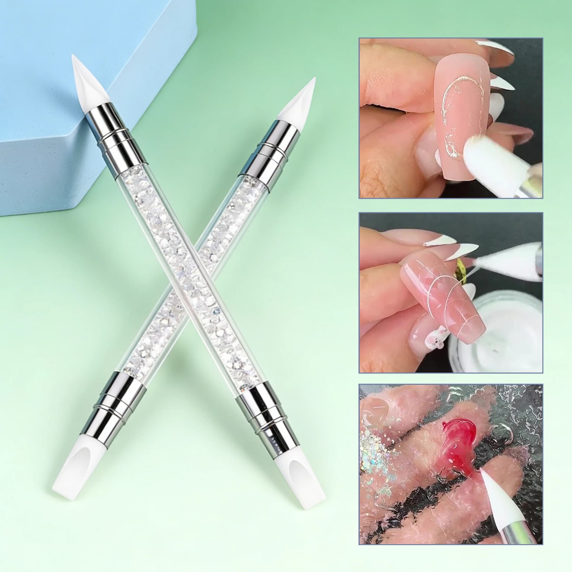2pcs Silicone Double Ended Nail Art Pen Carving Flower Sculpting Pen Crystal Handle Angled Tips Non Stick Gel Embossing Manicure