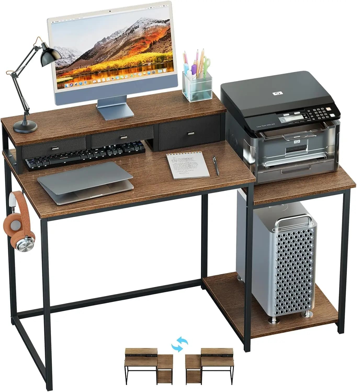 47-Inch Computer Desk & Gaming Desk with Printer Shelf, Monitor Stand, Drawers & Storage Shelves, Reversible Home Office Desk with 2 Hooks, Home Workstation for Study Writing, Walnut