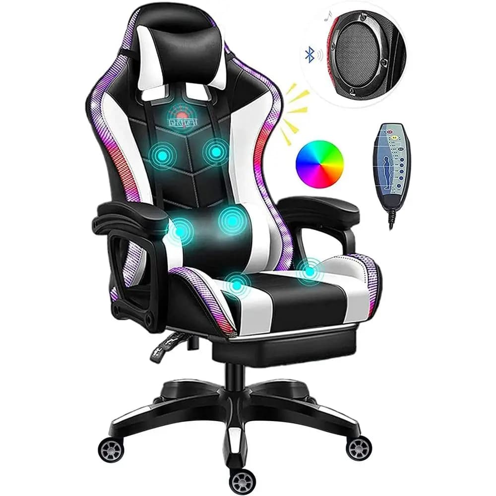 Sedia da gaming bianca con luce LED, sedia da gaming ergonomica professionale con supporto lombare massaggiante, sedia da computer con altoparlanti Bluetooth