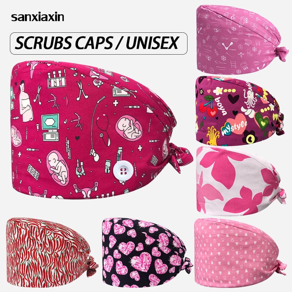 Cappello da lavoro con stampa da donna Scrub chirurgico Berretto Fasciatura regolabile Cappello da infermiera Berretto infermieristico medico Fiore del fumetto Cappello da medico Commercio all'ingrosso