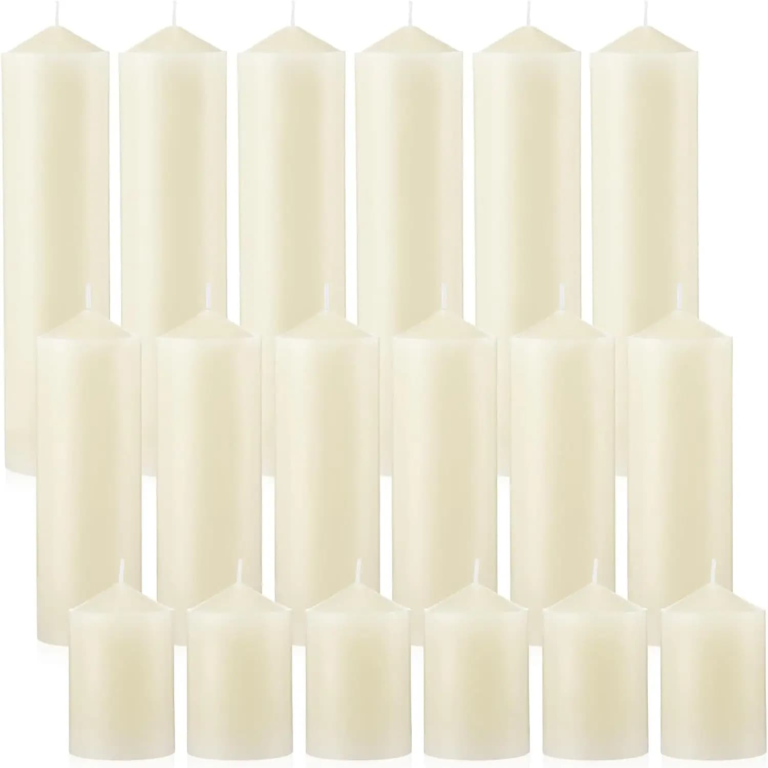Confezione da 18 Candele a Colonna Senza Profumo, 2x3/6/8 Pollici, Lunga Durata, Senza Fumo, per Matrimoni, Feste, Emergenze, Bianco Avorio