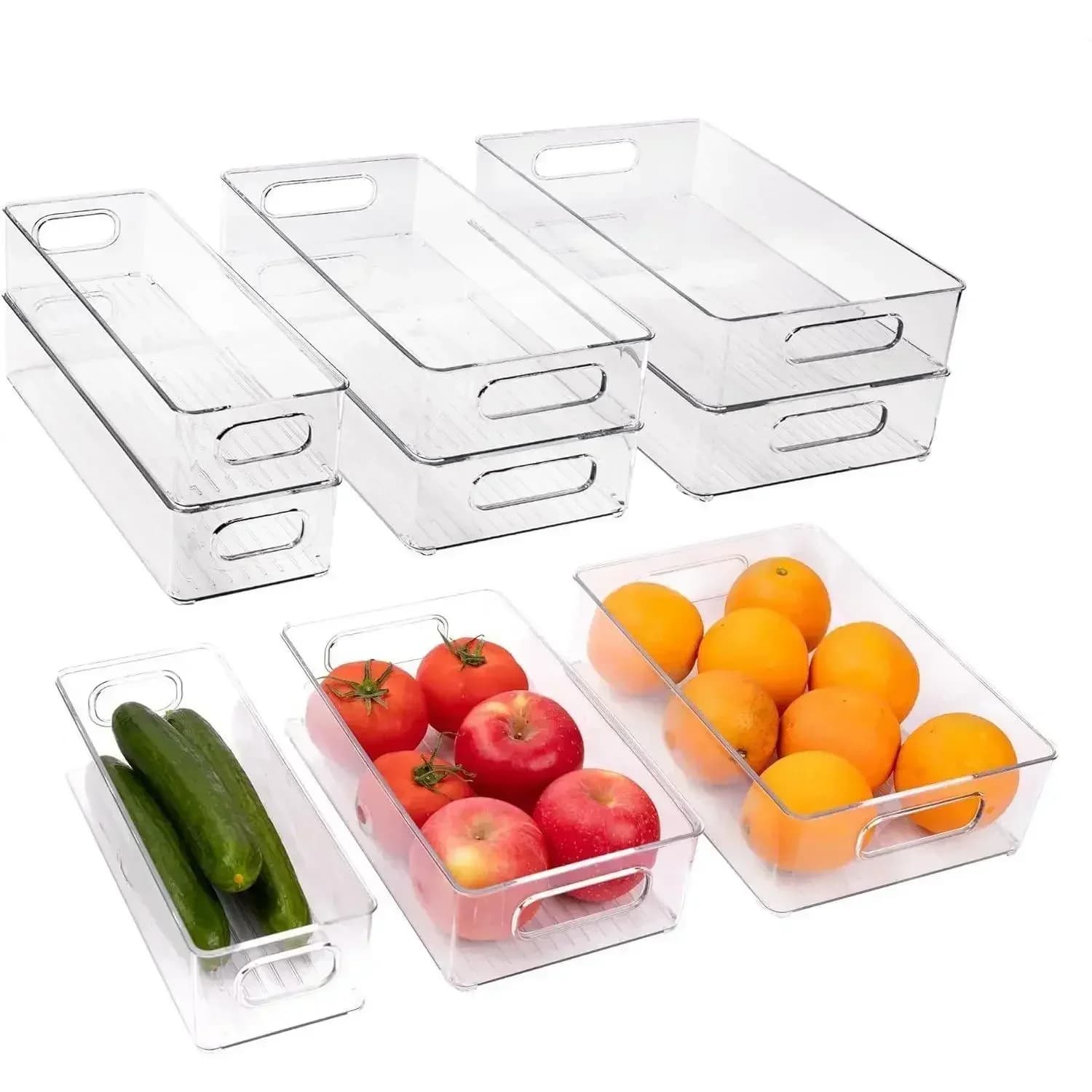 Set of 6 Containers Organizers for Fridge, 3 Stackable Measures, Transparent Organizers with Handle for Fridge and Freezer shelves, Kitchen drawers