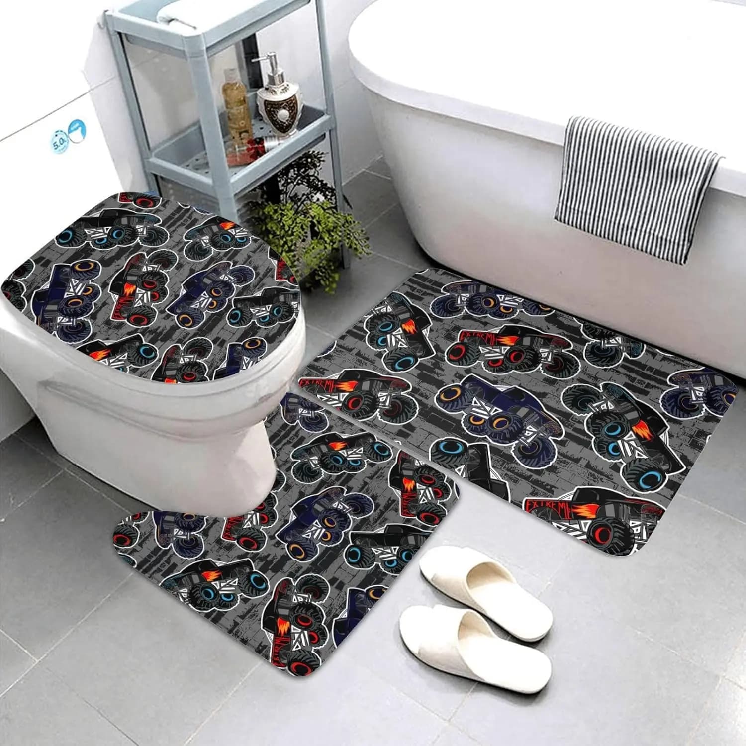 Set di tappetini da bagno Monster Truck – Tappeto a 3 pezzi a forma di veicolo per ragazzi, per bagno, copriwater e tappetino a forma di U, antiscivolo e lavabile