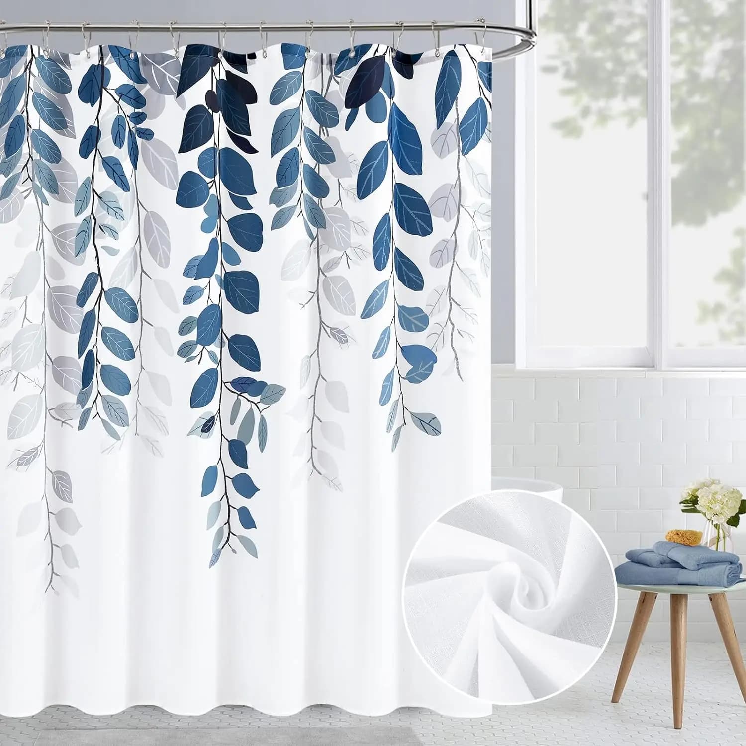 Tenda da Doccia Blu con Eucalipto per Bagno, Motivo Floreale Acquerello Foglie, Tenda da Bagno in Tessuto con Ganci