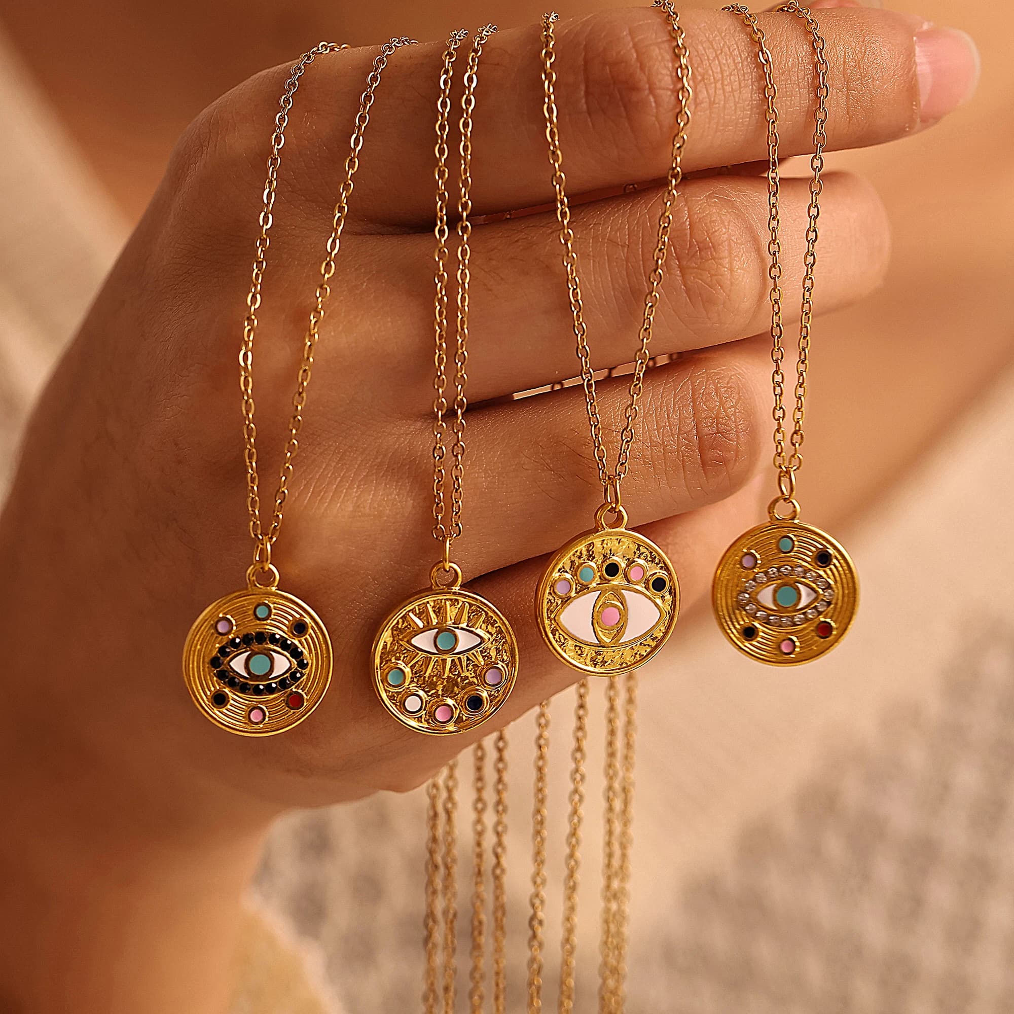 Stainless Steel Necklaces With Enamel All-seeing Eye Round Pendant For Women 18k Gold Plated Women's Neck Chains Necklace