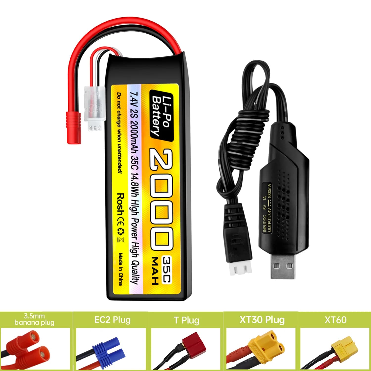 Lipo 2S 7.4V 2000mAh 35C battery with T/Banana/XT60/XT30/EC2 plug and USB charging cable for RC cars, boat, four-wheeled RC battery