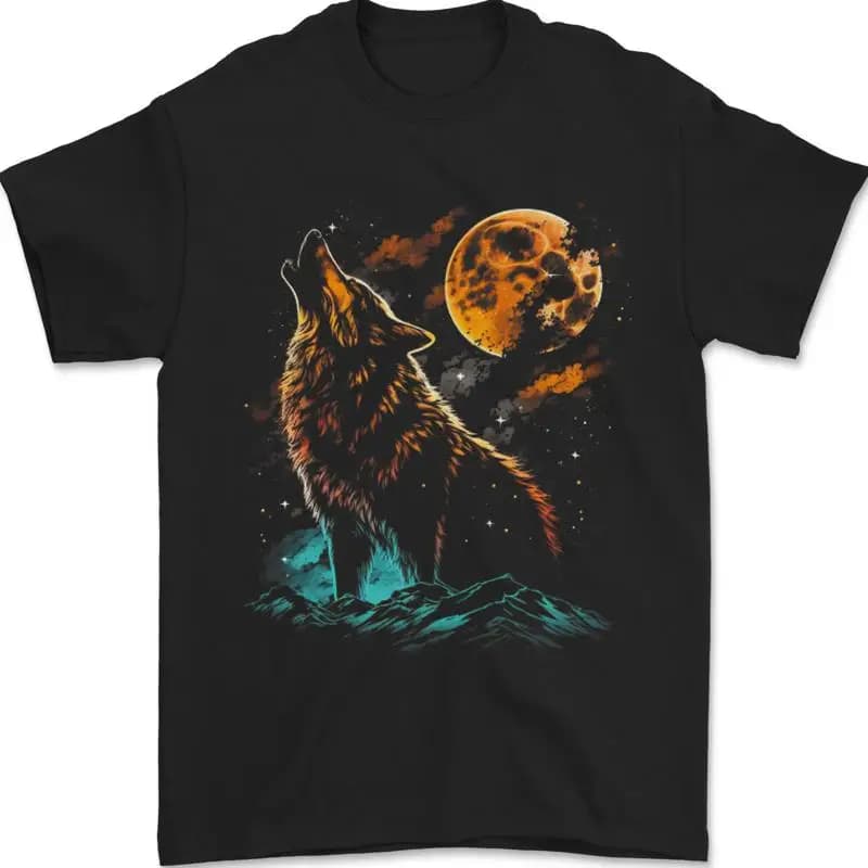Un lupo che ulula con la luna di notte T-shirt da uomo 100 cotone