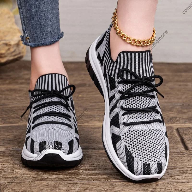 Sneakers slip-on in maglia da donna, traspiranti, con lacci, per primavera/estate, scarpe da passeggio leggere e casual per donna