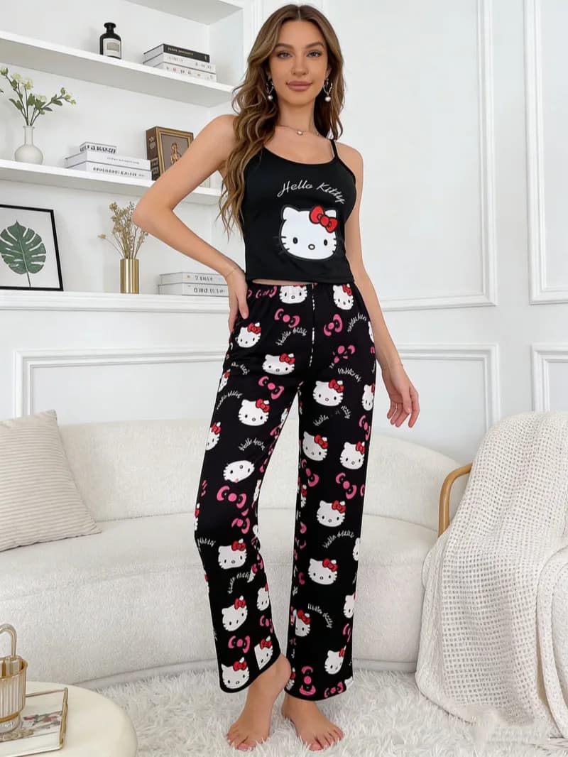 European size cute cartoon Hello Kitty pajamas set women's summer suspender vest trousers loose casual loungewear two-piece set