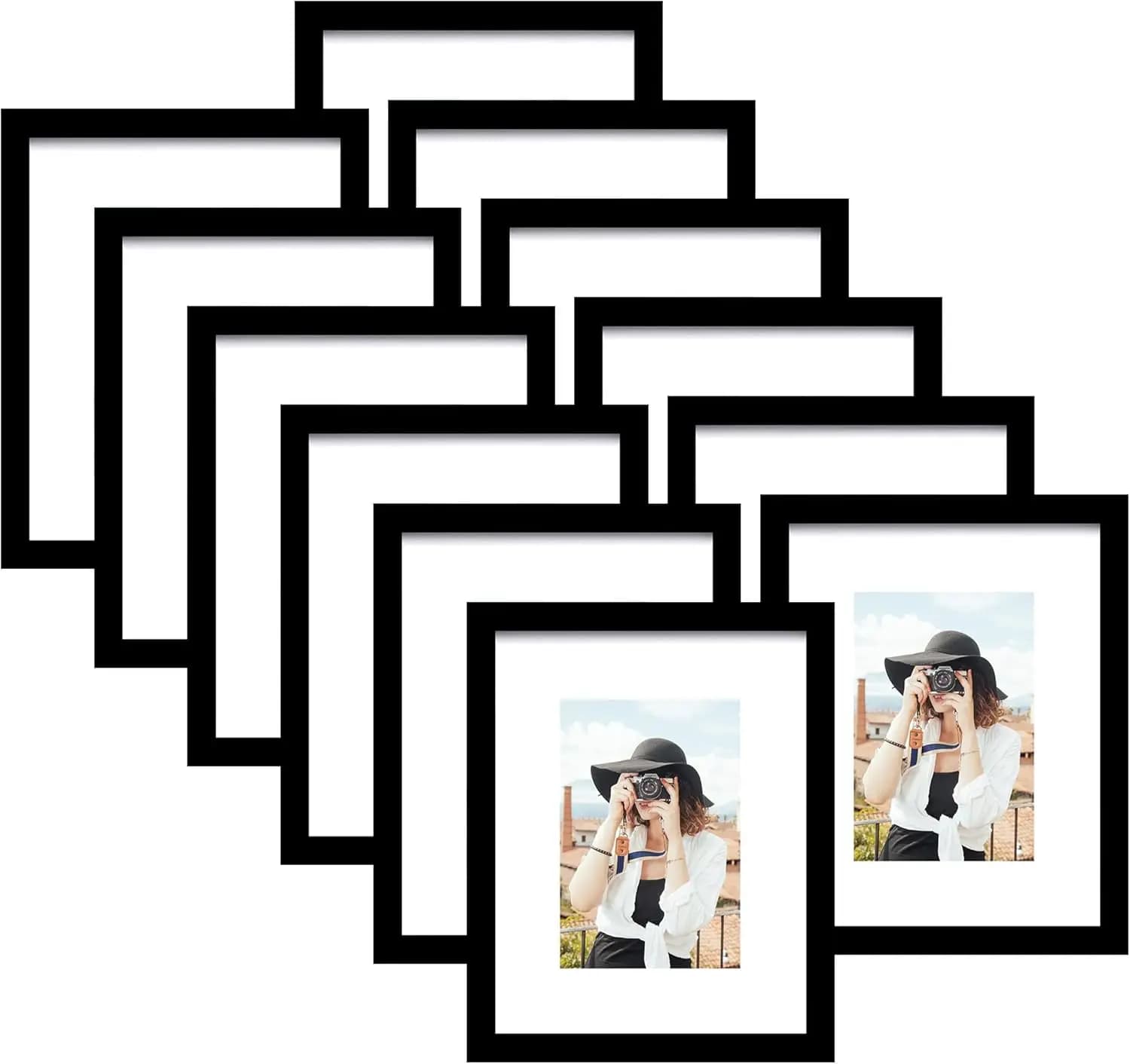 Set di 12 Cornici Nere, 11x14 con Passepartout per Foto 8x10, da Appendere o da Esporre su Tavolo