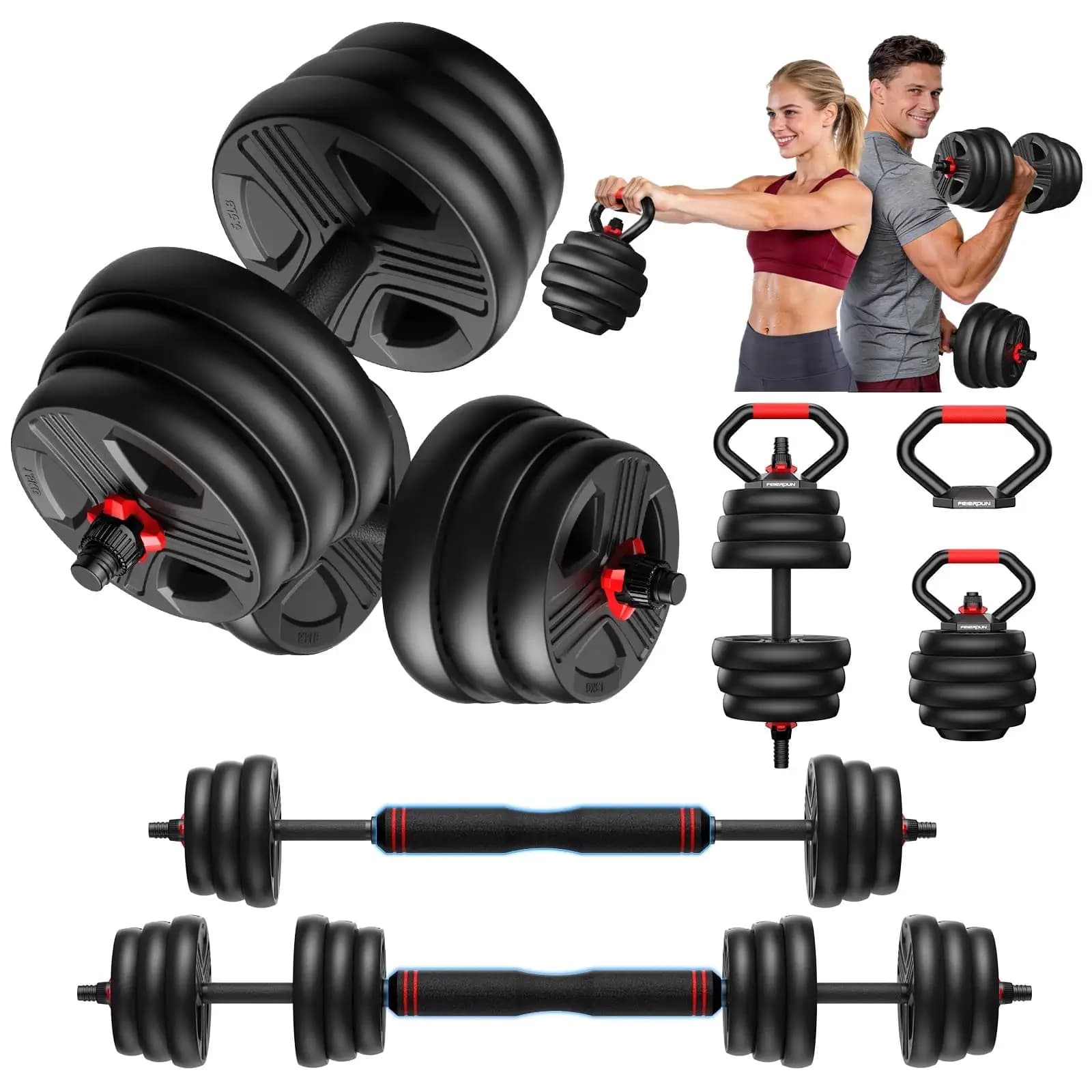 55LBS 5 In 1 Adjustable Dumbbell Set With Connector Bar Barbell Kettlebells Push Up Stand Home Gym Fitness Weights
