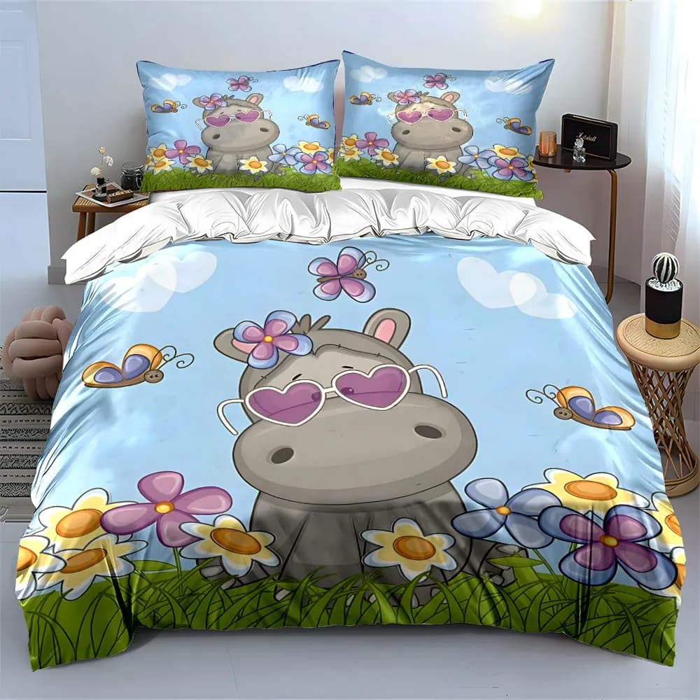 Cartoon Cute Hippo and Butterfly Print Soft Comfortable Duvet Cover Bedding Set Included 1*Duvet Cover 2*Pillowcases