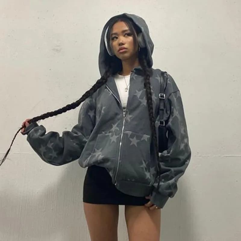 Autunno Y2K Printe Star Graphic Zip Up felpa oversize Goth felpa con cappuccio uomo donna giacca con cappuccio Grunge Streetwear lettera abbigliamento