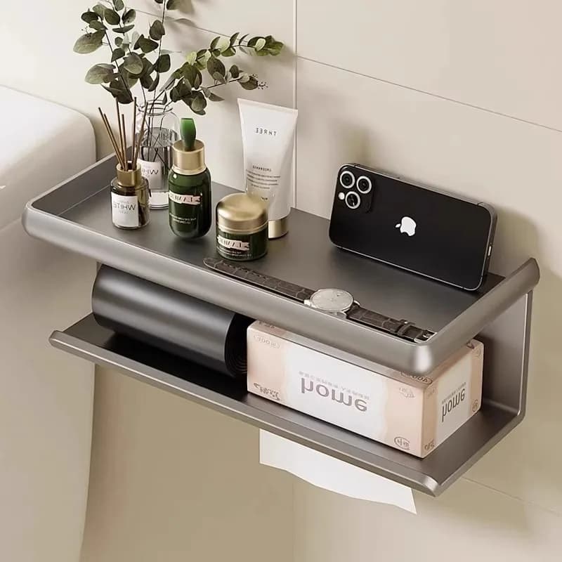 Wall - Mounted Toilet Paper Holder with Storage Rack for Tissue Box Shelf & Phone Holder in Kitchen & Bathroom