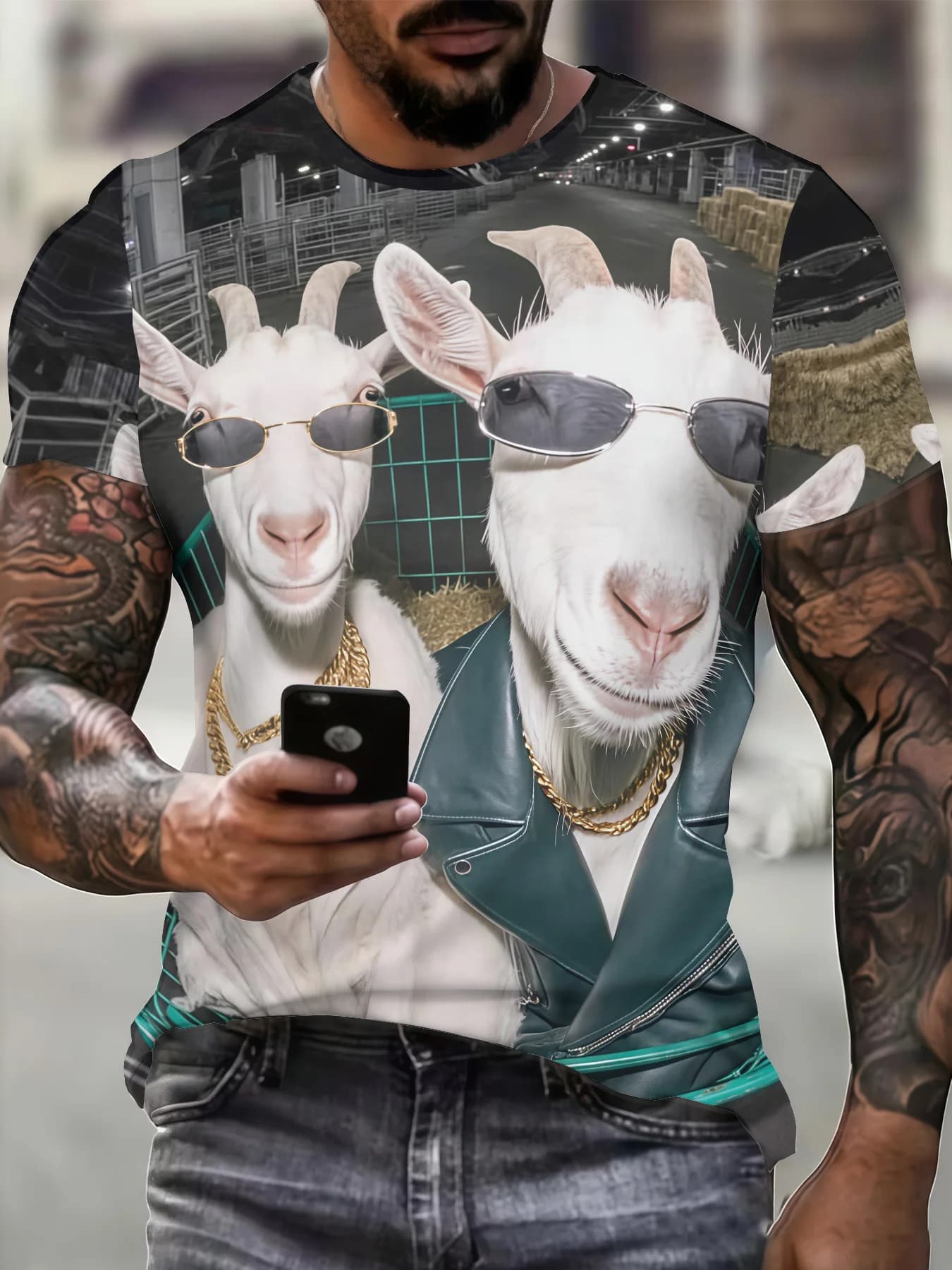 Men's T-shirt Summer 2026 New Model with 3D Printing Sunglasses and Goat, Crew neck, Comfortable, Slim Fit, Versatile, Original, Short sleeve