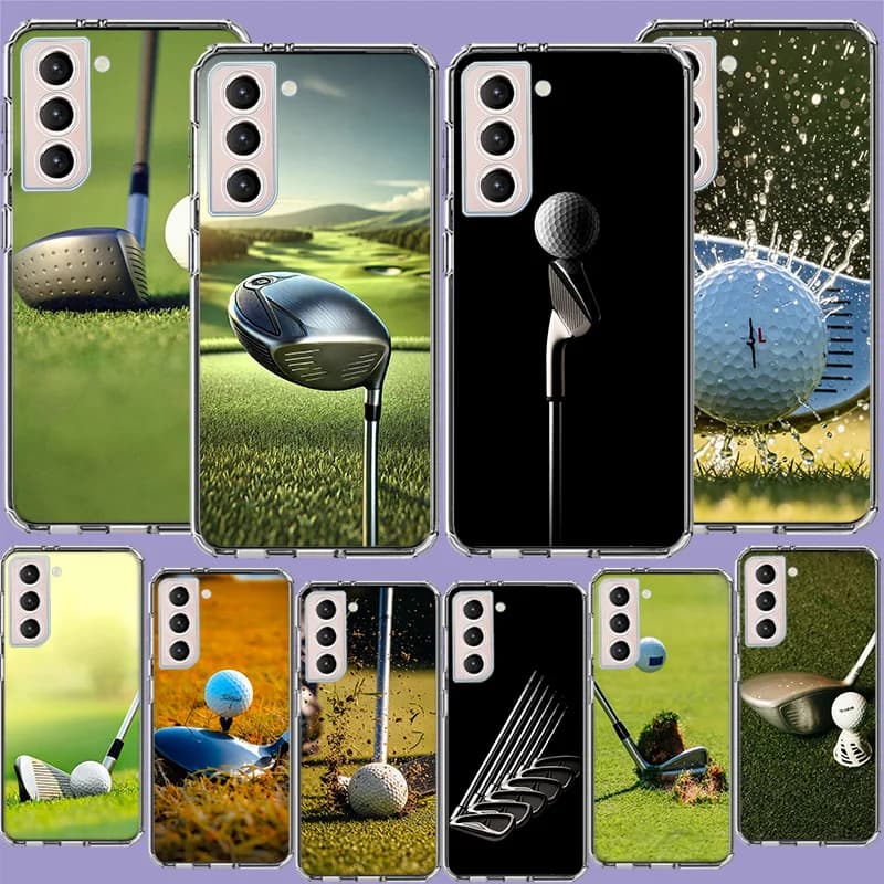 Cover Trasparente per Samsung Galaxy S25 Edge S24 S23 FE S21 S20 S10 Plus S22 S26 Ultra con Motivo Mazze da Golf e Palline Spruzzate