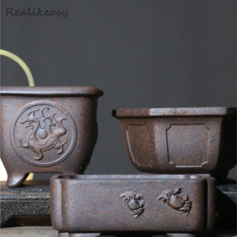 Purple Sand Flower Pot Hexagonal Bonsai Pot Desktop Decoration Handmade Flower Pot Retro Chinese Ceramic Succulent Flower Pot
