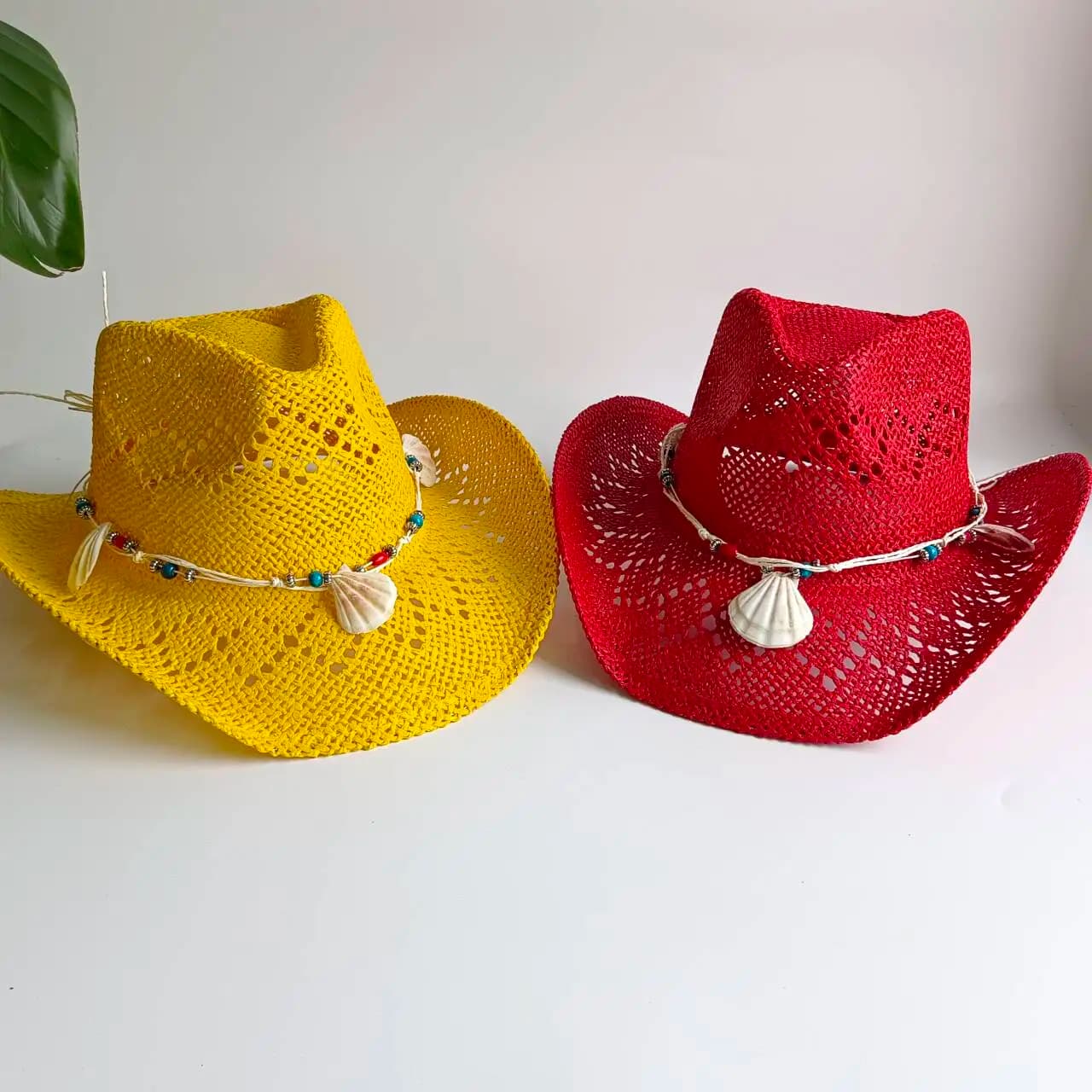 Bright yellow Cowboy Straw Hats Beach Women Men Shell and Pearl Accessories Out Western Wide Brim Sun Hat sombrero