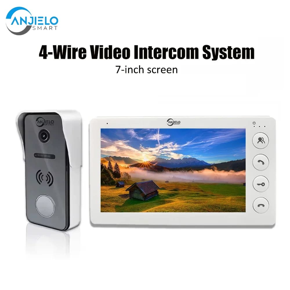 Sistema videocitofonico ANJIELO a 4 fili da 7 pollici con sblocco tramite tessera e visione notturna con telecamera AHD e obiettivo grandangolare