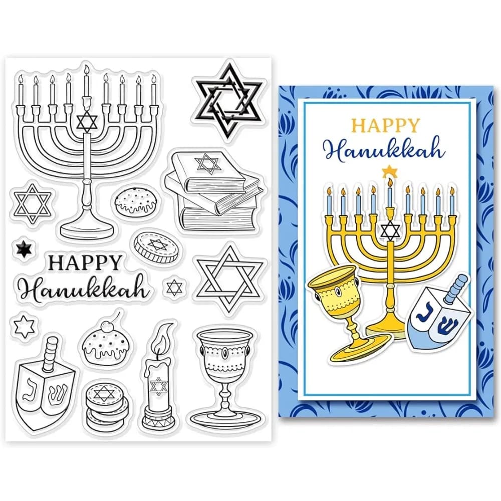 Happy Hanukkah Timbro trasparente Candele Monete d'oro Timbro in silicone Torte Libri Timbro in gomma Timbro in silicone trasparente Chanukah